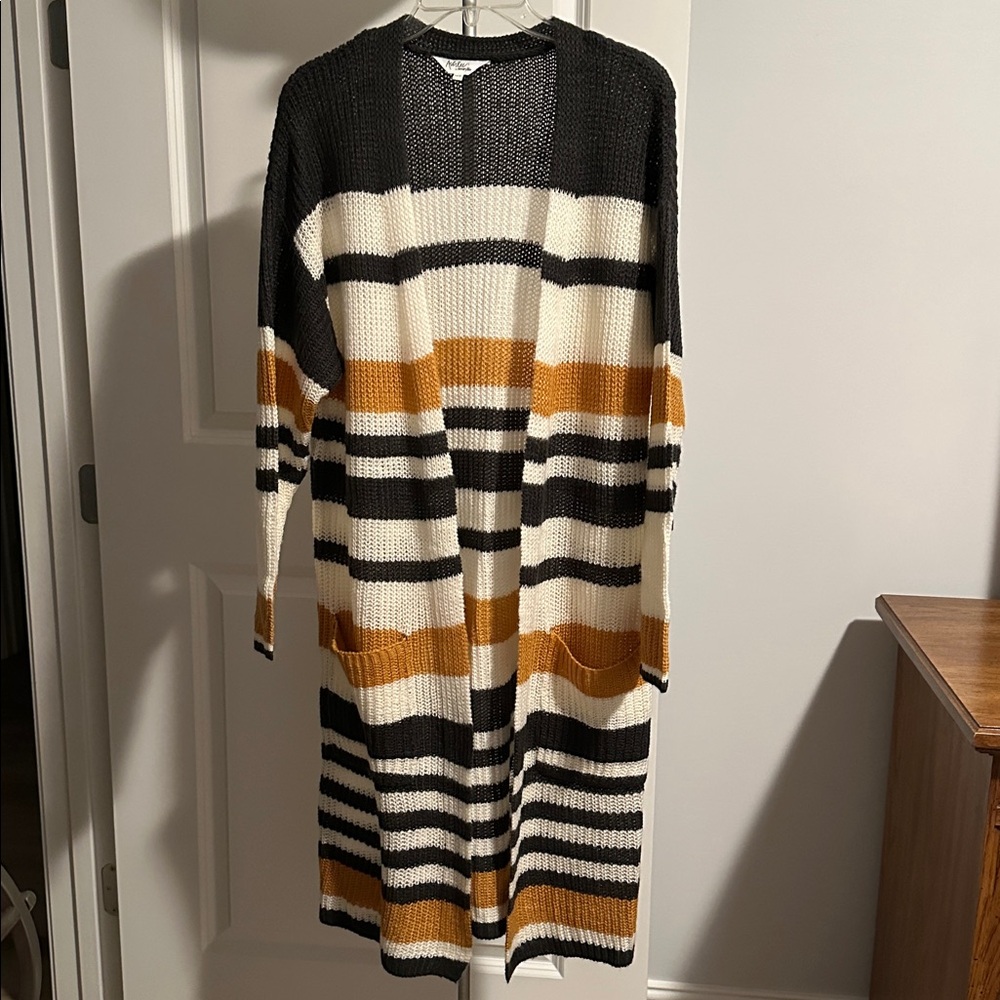 Striped Charcoal and Tan Women's Long Sweater Sz XS/S EUC